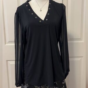 Studio Black V-Neck Long Sleeve Top with Eyelet Trim